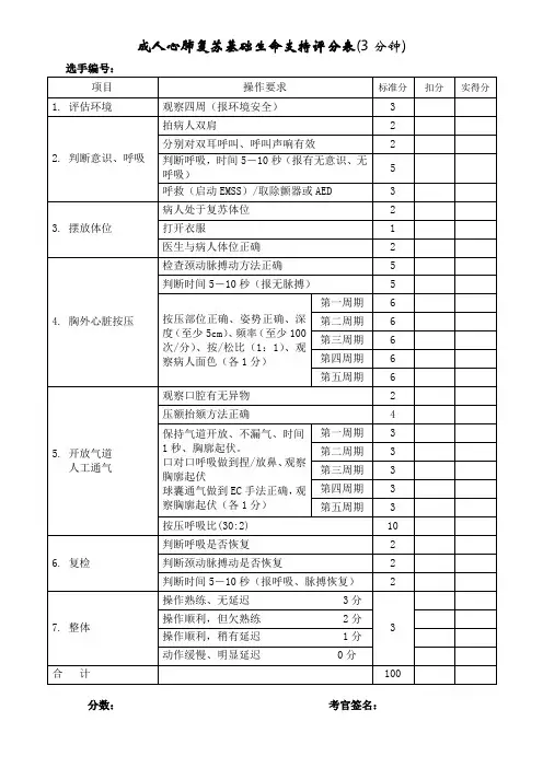人徒手心肺复苏操作程序及评分标准(2010)