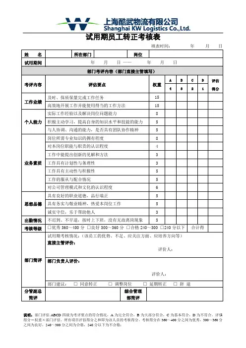 试用期员工转正考核表