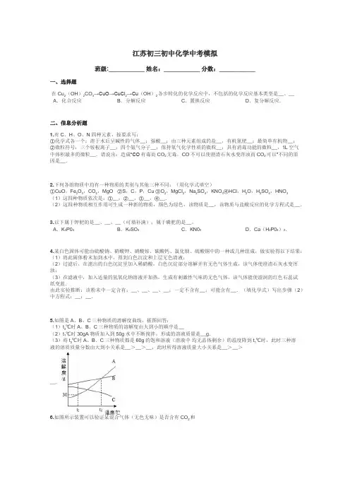 江苏初三初中化学中考模拟带答案解析
