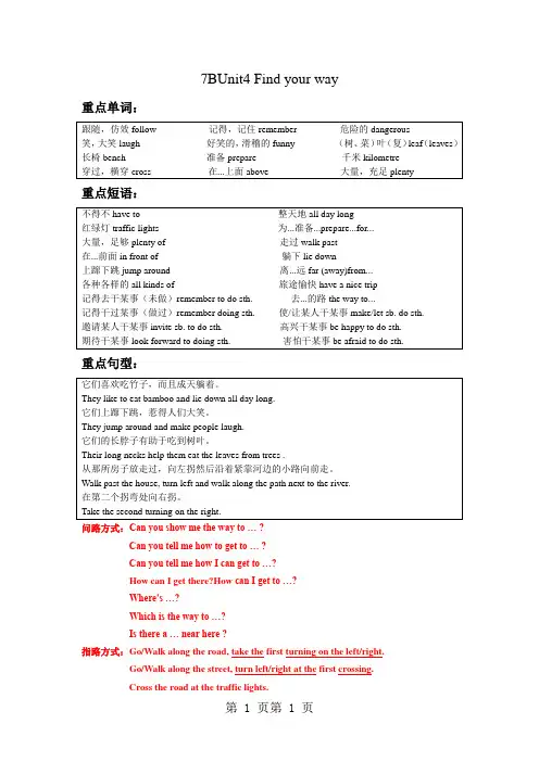 牛津译林版英语七年级下册Unit 4 知识点清单 练习(无答案)-word文档资料