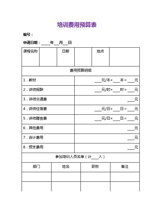 培训费用预算表