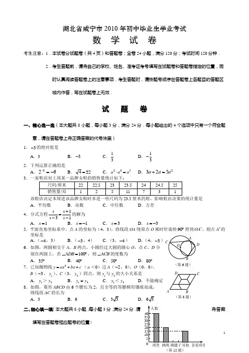 湖北省咸宁市2010年初中毕业生学业考试