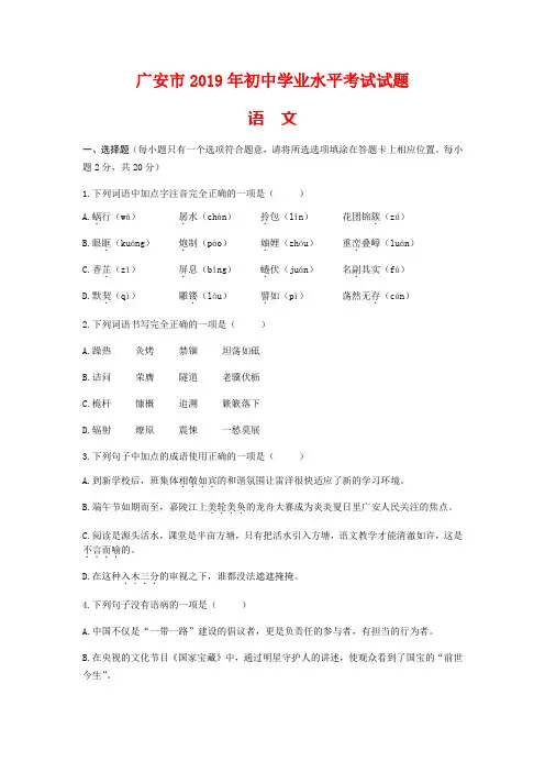 2019年四川省广安市中考语文试题-(含答案)