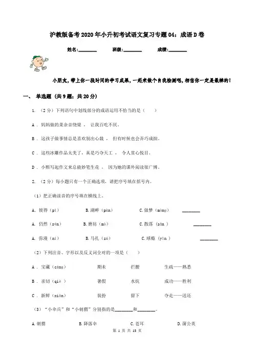 沪教版备考2020年小升初考试语文复习专题04：成语D卷