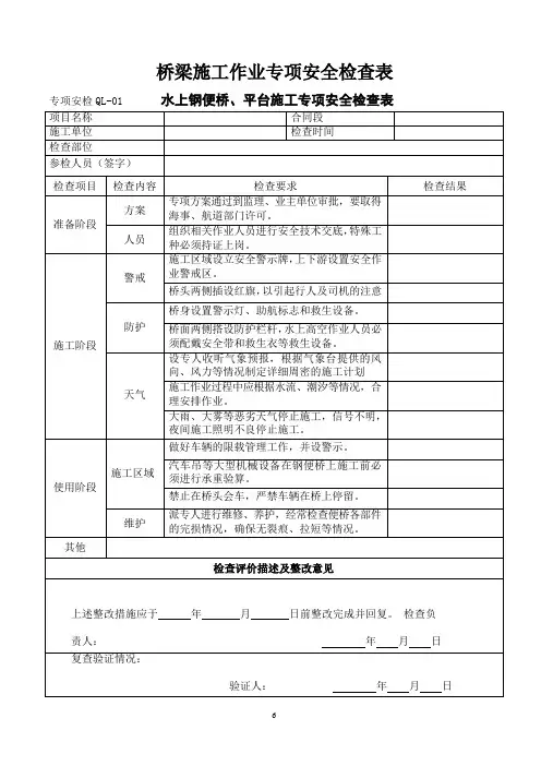 桥梁施工作业专项安全检查表