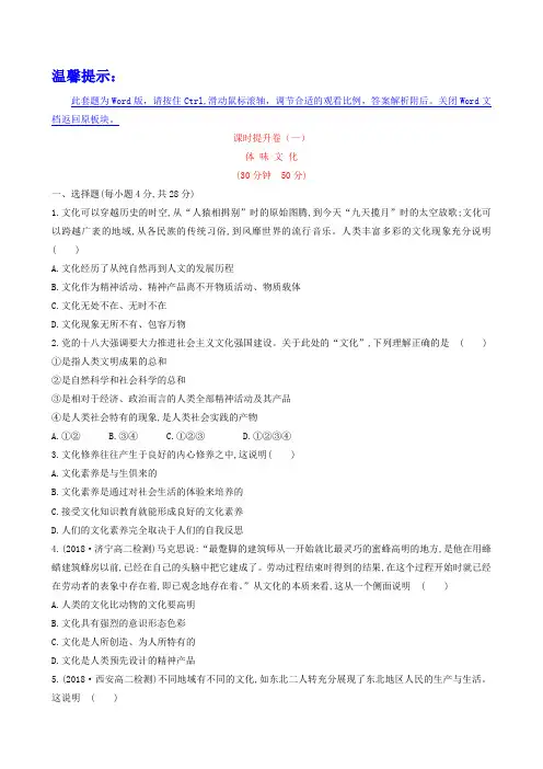 人教版政治必修三(1)1.1《体味文化》课时提升卷(含答案)
