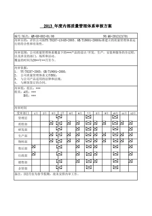 2013年度内部质量管理体系审核方案
