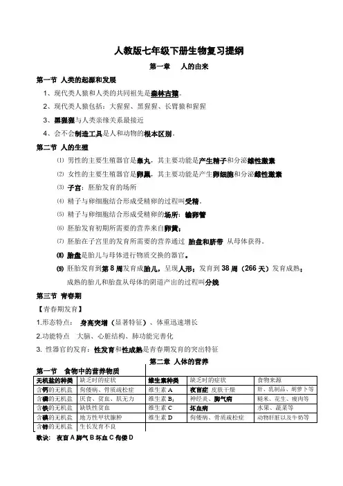 人教版七年级下册生物知识点总结大全
