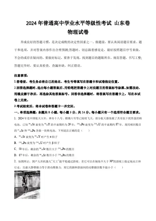 (2024年高考真题)2024年普通高中学业水平等级性考试物理试卷 山东卷