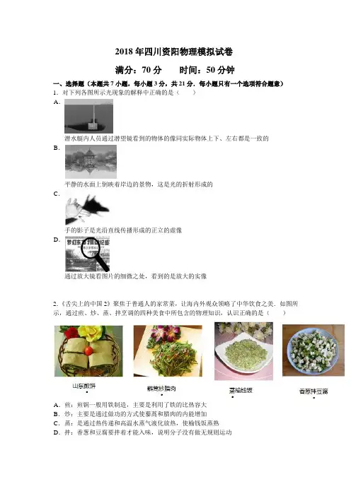 2018年四川资阳中考物理模拟试卷及答案