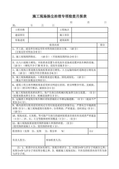 施工现场扬尘治理专项检查月报表