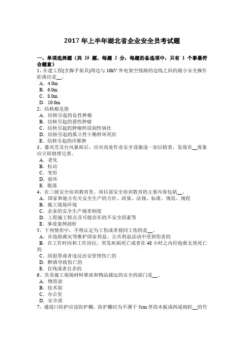 2017年上半年湖北省企业安全员考试题