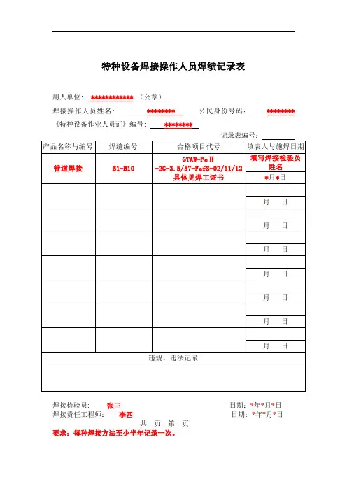 特种设备焊接操作人员焊绩记录表