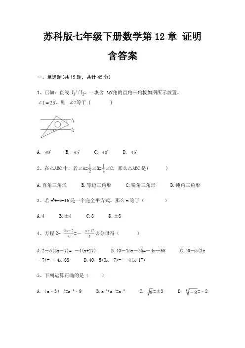 (全优)苏科版七年级下册数学第12章 证明 含答案