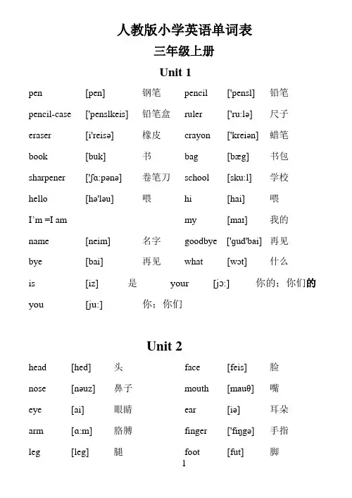 人教版小学英语单词表带音标
