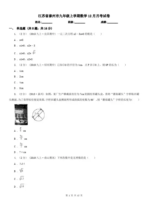 江苏省泰州市九年级上学期数学12月月考试卷