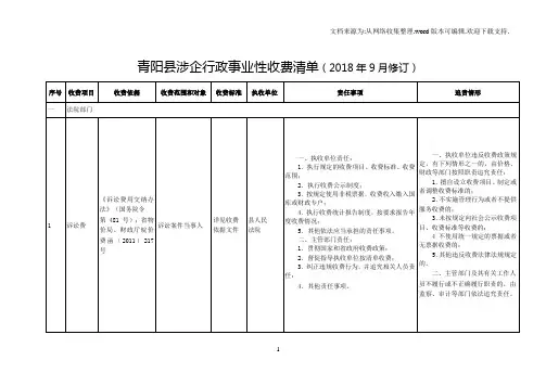 青阳涉企行政事业性收费清单2018年9月修订