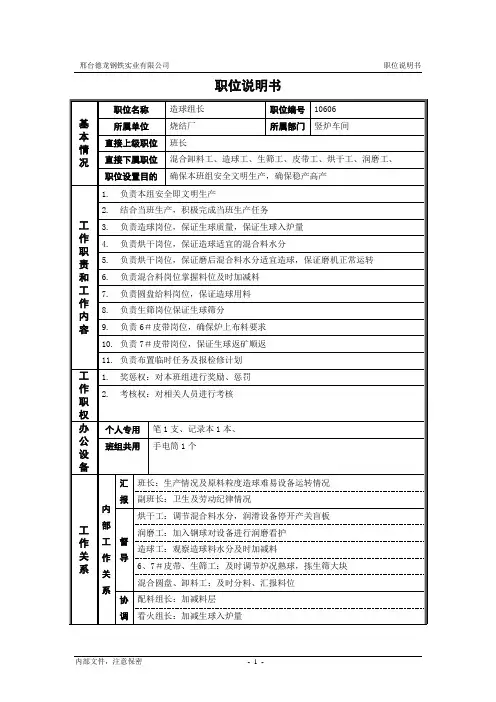 烧结厂职位说明书-造球组长-0716