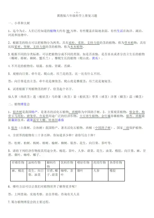 冀教版六年级科学上册复习题
