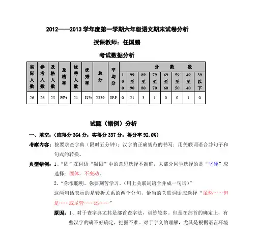 2012——2013学年度第一学期六年级语文期末试卷分析