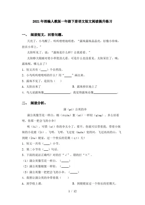 2021年部编人教版一年级下册语文短文阅读提升练习