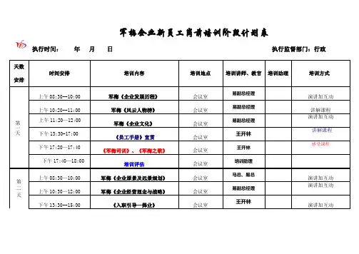 企业新员工岗前培训计划表