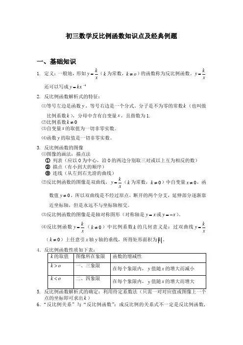 初三数学反比例函数知识点及经典例题
