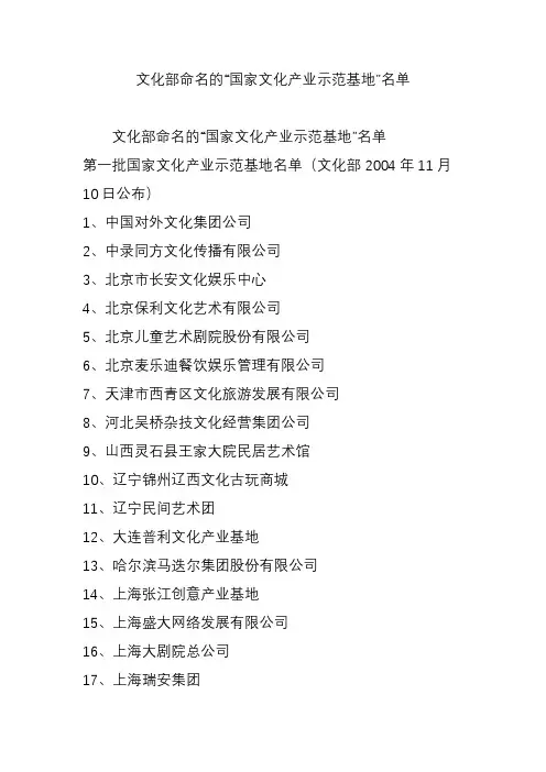 文化部命名的“国家文化产业示范基地”名单