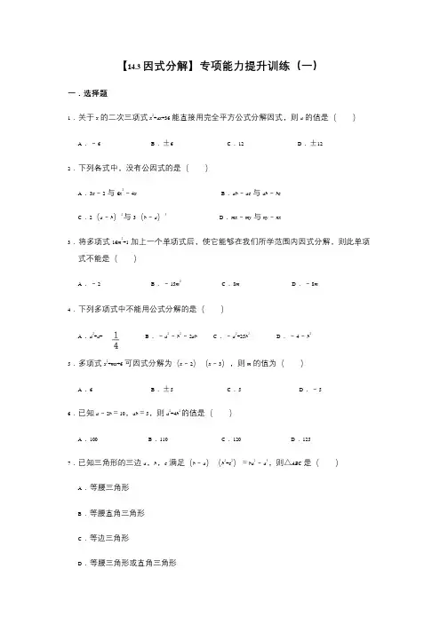 14.3 因式分解 人教版数学八年级上册专项能力提升训练及答案(2份)