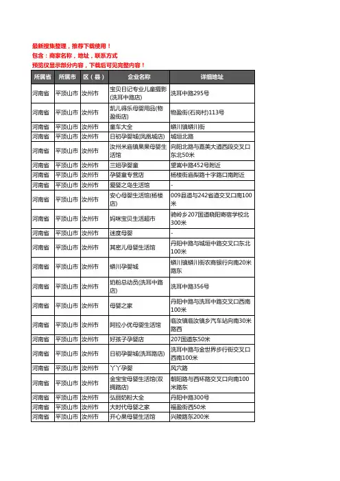 新版河南省平顶山市汝州市母婴店企业公司商家户名录单联系方式地址大全171家