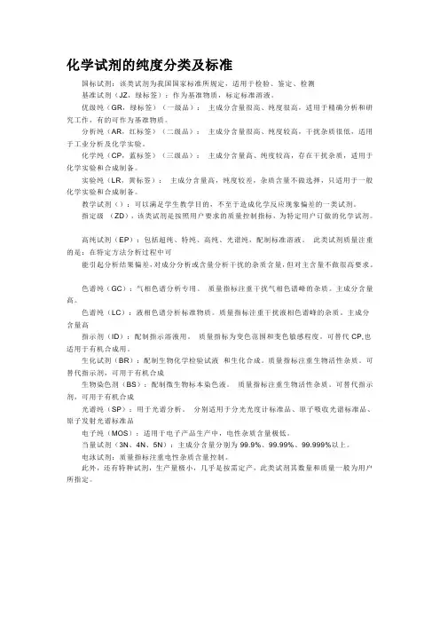 化学试剂的纯度分类及标准