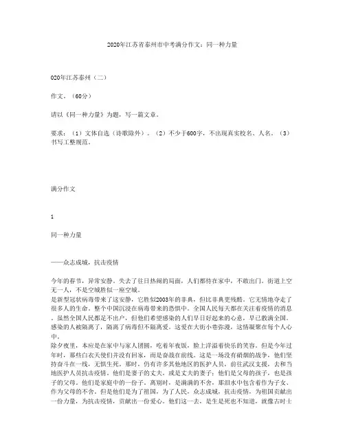 2020年江苏省泰州市中考满分作文：同一种力量