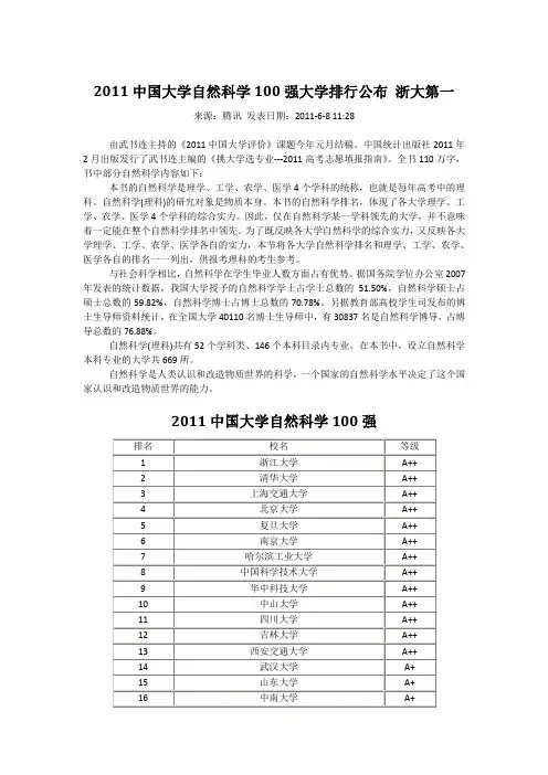 2011中国大学自然科学100强大学排行公布 浙大第一