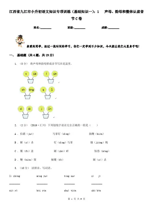 江西省九江市小升初语文知识专项训练(基础知识一)：1   声母、韵母和整体认读音节C卷