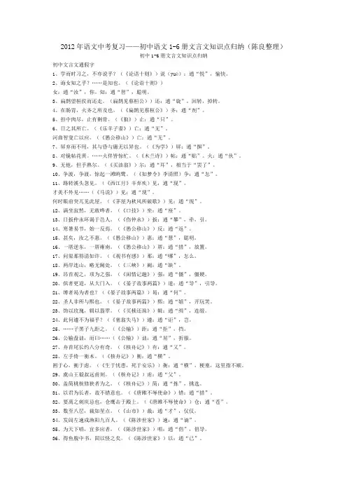 2012年语文中考复习——初中语文1-6册文言文知识点归纳(陈良整理)
