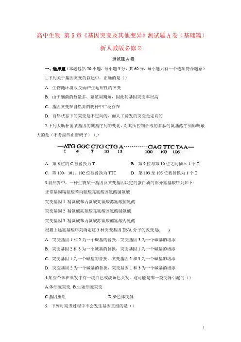 高中生物 第5章《基因突变及其他变异》测试题A卷(基础篇)新人教版必修2