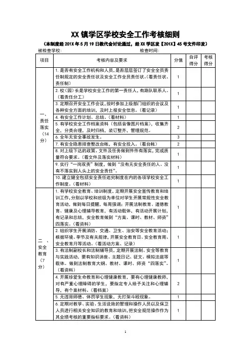 XX镇学区学校安全工作考核细则