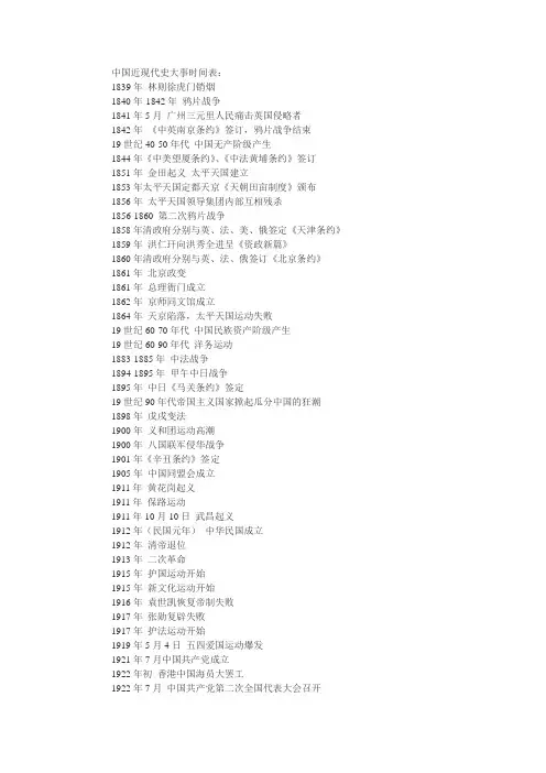 中国近现代史大事时间表