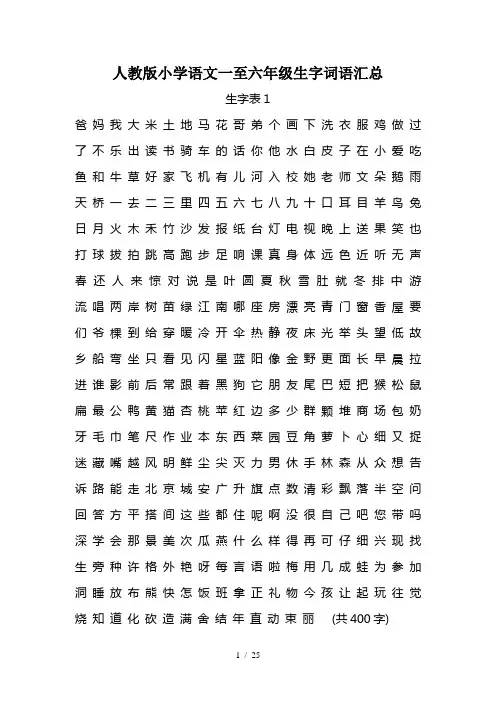 人教版小学语文一至六年级生字词语汇总