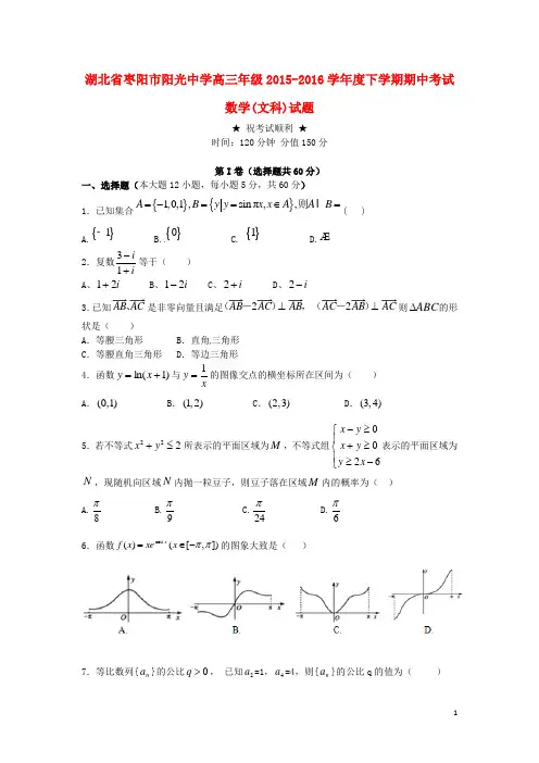 湖北省枣阳市阳光中学2016届高三数学下学期期中试题 文
