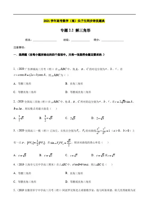 专题2.2 解三角形-2021年高考数学(理)尖子生培优题典(原卷版)