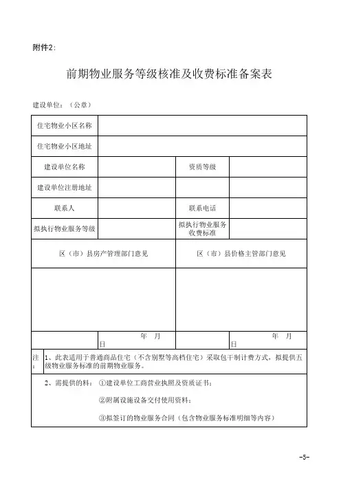 前期物业服务等级核准及收费标准备案表