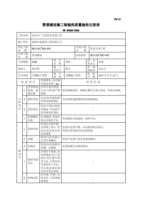管道铺设施工检验批质量验收记录表.zys