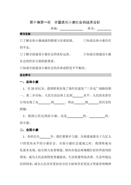 全面建成小康社会的经济目标教案