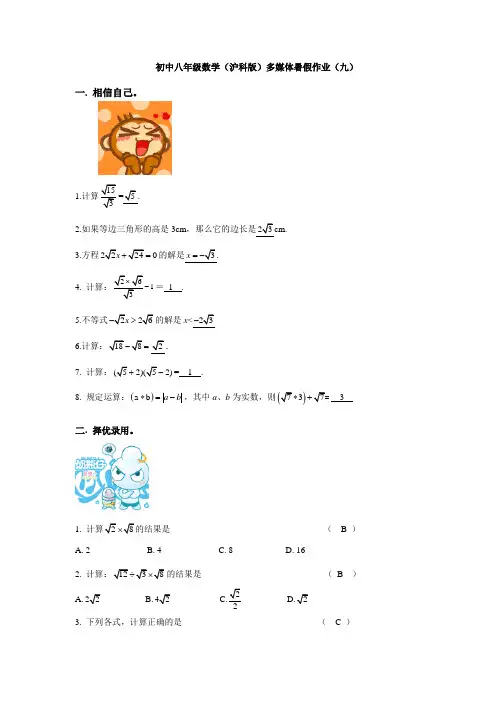 沪科版八年级数学暑假作业(九)含答案