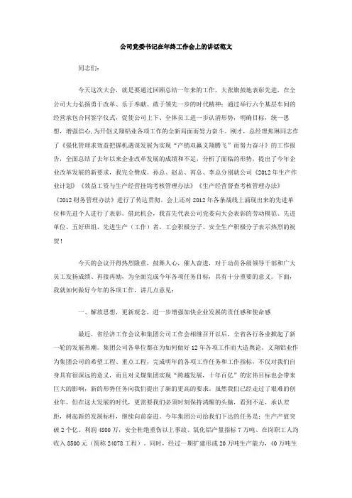 公司党委书记在年终工作会上的讲话