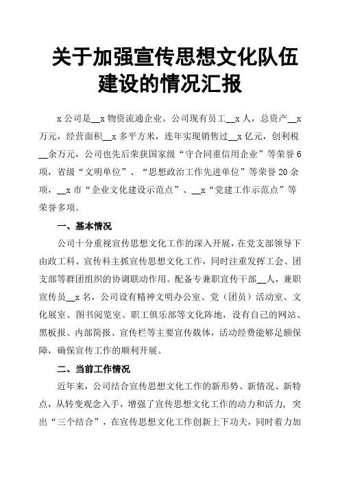 关于加强宣传思想文化队伍建设的情况汇报