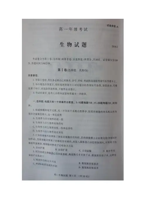 山东省泰安市2017-2018学年高一上学期期末考试生物试题 扫描版缺答案