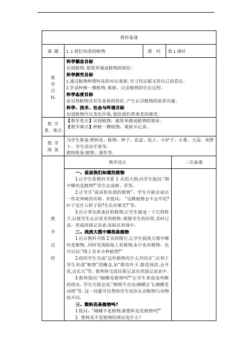 2020年小学教科版一年级科学第一学期上册1.1我们知道的植物 教案
