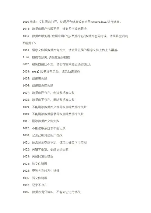 Mysql安装错误代码对照表